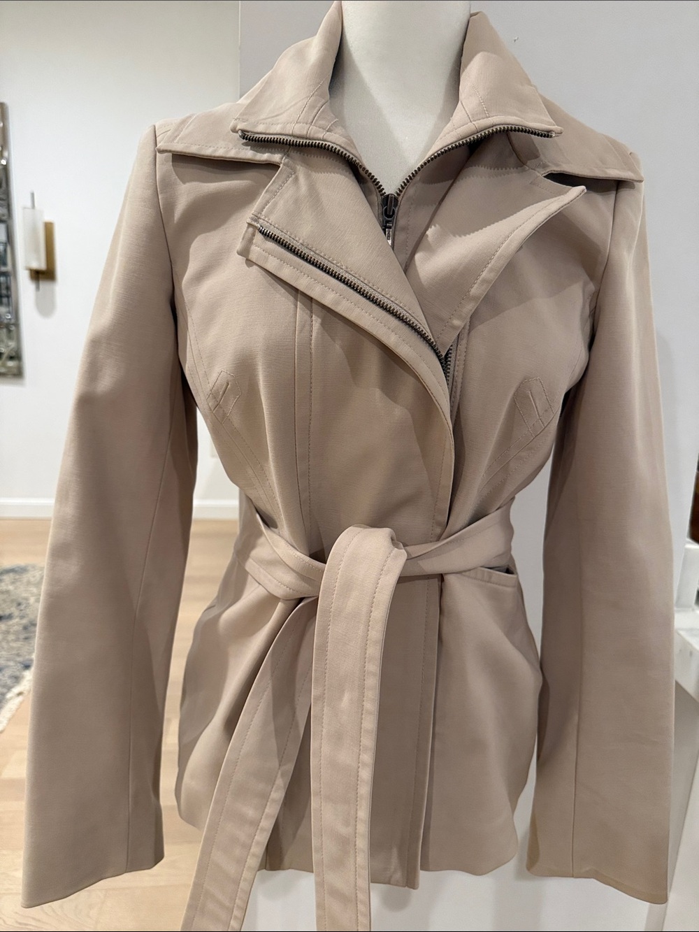 Reiss Beige Belted High-Collar Trench Jacket